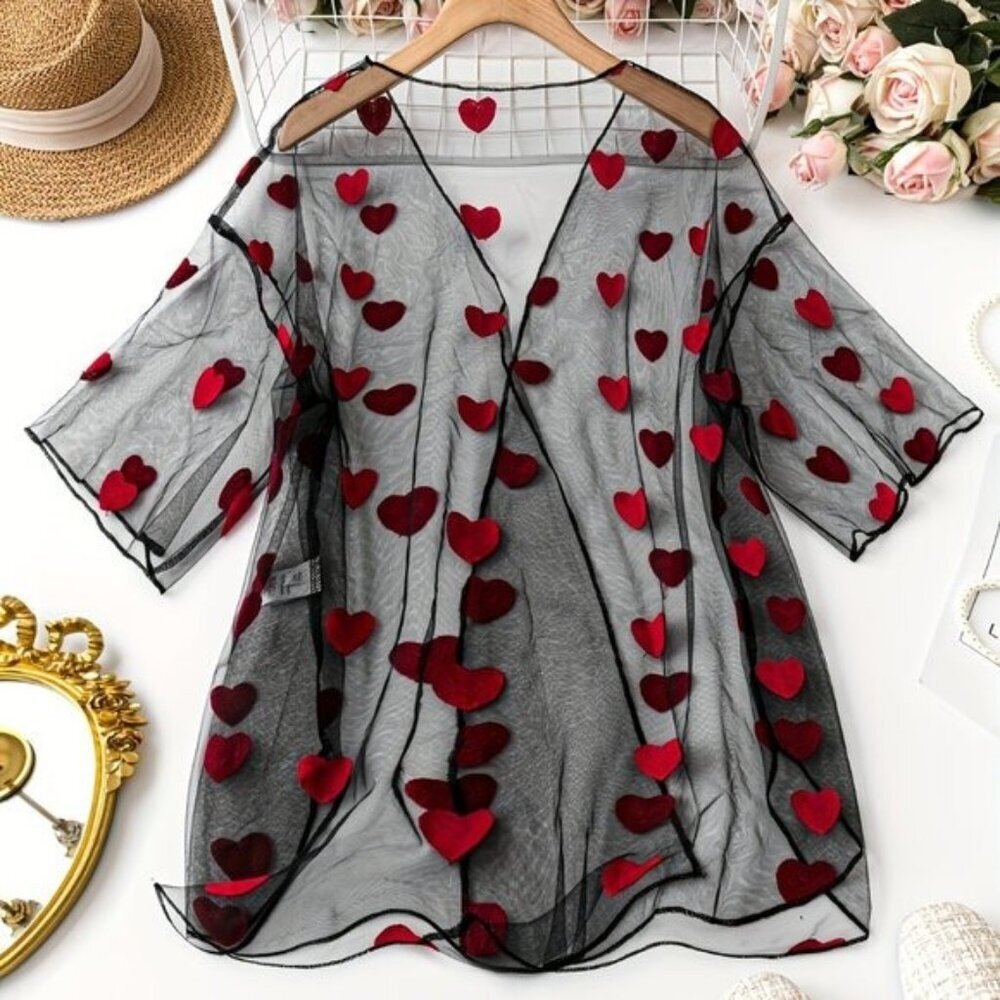 Unbranded Plus Sz 1X Black Semi-Sheer Duster‎ Open Cardigan Black Hearts